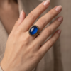 Oval Sapphire-Blue Stone Statement Ring — Vintage Copper Tone, Adjustable
