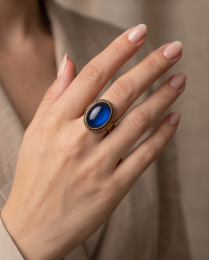 Oval Sapphire-Blue Stone Statement Ring — Vintage Copper Tone, Adjustable