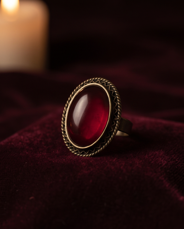 Deep Red Oval Cabochon Statement Ring — Antique Copper Tone, Adjustable