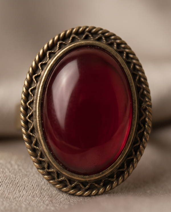 Deep Red Oval Cabochon Statement Ring — Antique Copper Tone, Adjustable