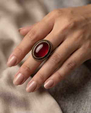 img_1075 Deep Red Oval Cabochon Statement Ring — Antique Copper Tone, Adjustable