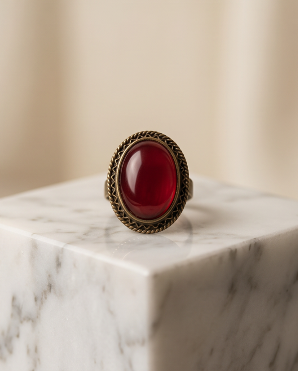 Deep Red Oval Cabochon Statement Ring — Antique Copper Tone, Adjustable