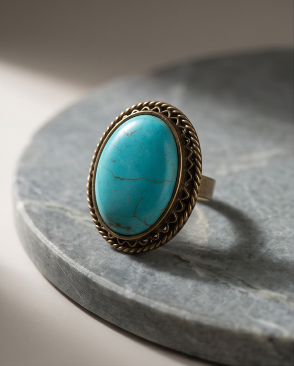 Large Turquoise Oval Statement Ring — Antique Copper Tone, Adjustable
