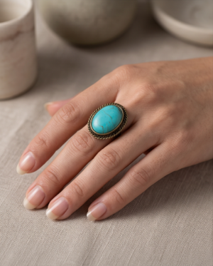Large Turquoise Oval Statement Ring — Antique Copper Tone, Adjustable
