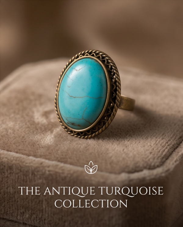 Large Turquoise Oval Statement Ring — Antique Copper Tone, Adjustable
