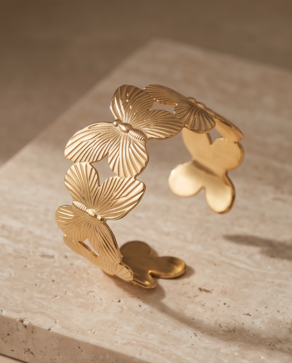 img_1085 Butterfly Open Cuff Bracelet — Gold-Tone Stainless Steel, Adjustable