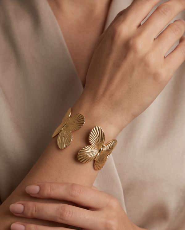 img_1087 Butterfly Open Cuff Bracelet — Gold-Tone Stainless Steel, Adjustable