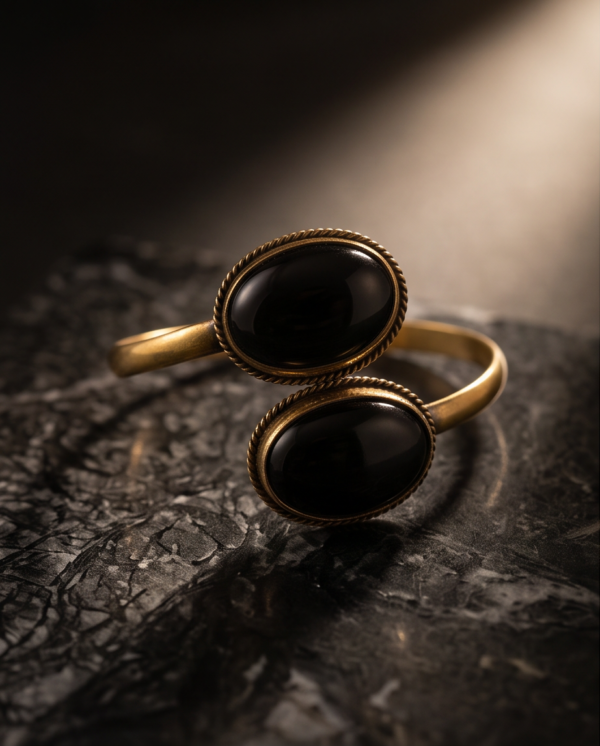 Double Black Stone Bypass Cuff Bracelet — Antique Copper Tone, Adjustable