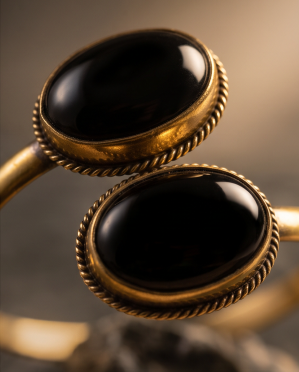 Double Black Stone Bypass Cuff Bracelet — Antique Copper Tone, Adjustable