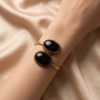 Double Black Stone Bypass Cuff Bracelet — Antique Copper Tone, Adjustable