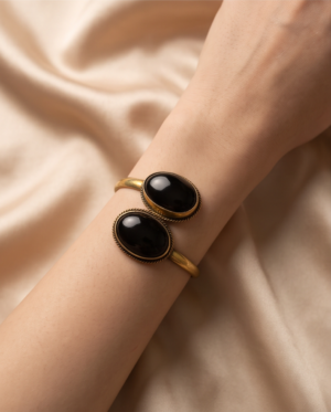 img_1099 Double Black Stone Bypass Cuff Bracelet — Antique Copper Tone, Adjustable