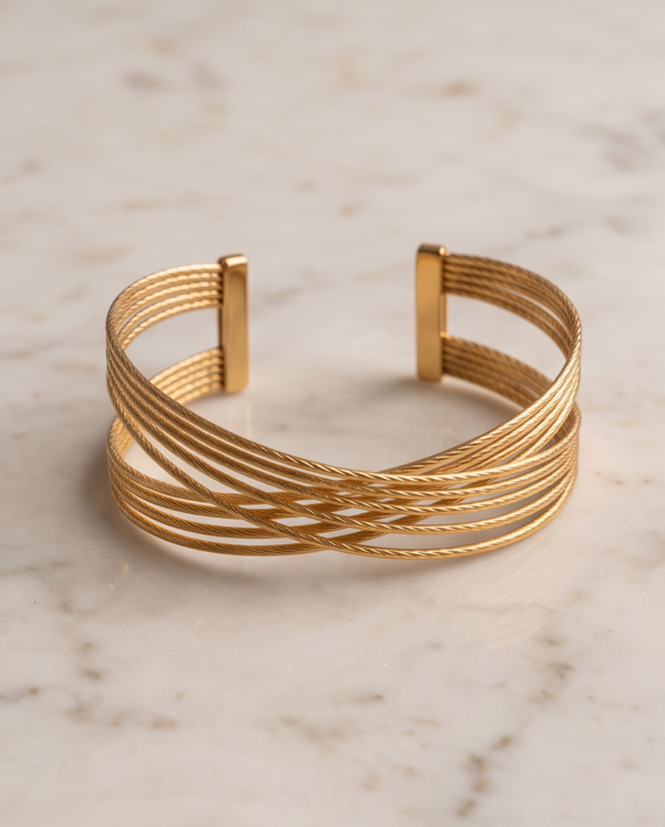 Multi-Strand Twisted Cable Cuff Bracelet — Gold-Tone Stainless Steel, Open Design