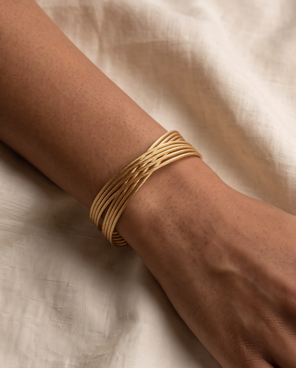Multi-Strand Twisted Cable Cuff Bracelet — Gold-Tone Stainless Steel, Open Design