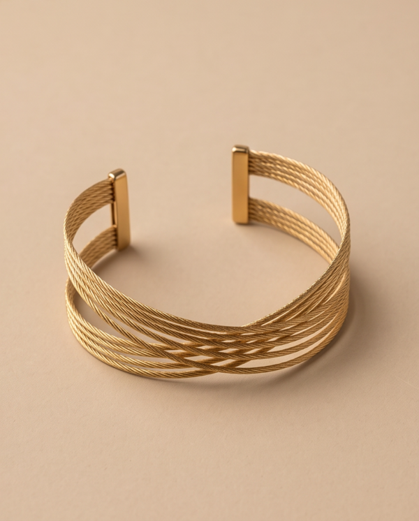 Multi-Strand Twisted Cable Cuff Bracelet — Gold-Tone Stainless Steel, Open Design