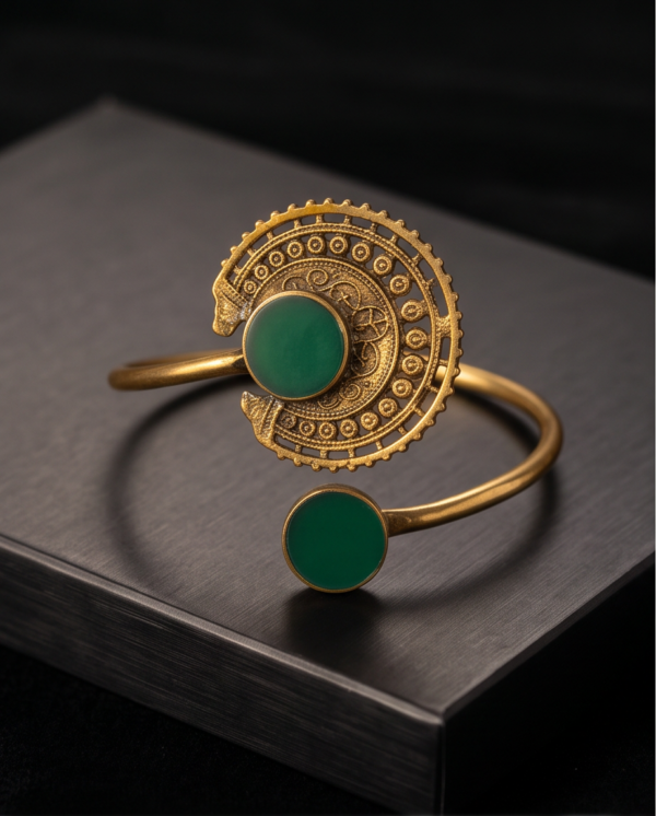 Green Stone Crescent Arm Cuff — Antique Copper Tone, Adjustable Armlet