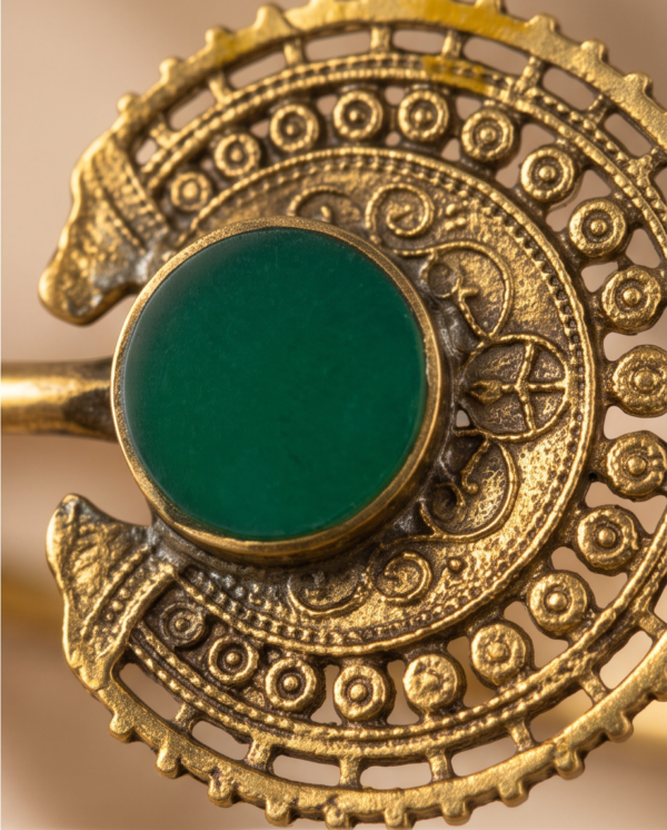Green Stone Crescent Arm Cuff — Antique Copper Tone, Adjustable Armlet