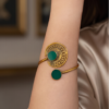 Green Stone Crescent Arm Cuff — Antique Copper Tone, Adjustable Armlet