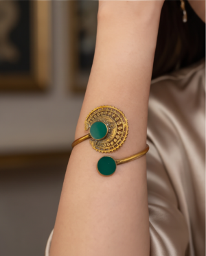 Green Stone Crescent Arm Cuff — Antique Copper Tone, Adjustable Armlet