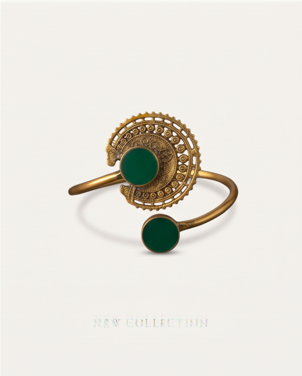 Green Stone Crescent Arm Cuff — Antique Copper Tone, Adjustable Armlet