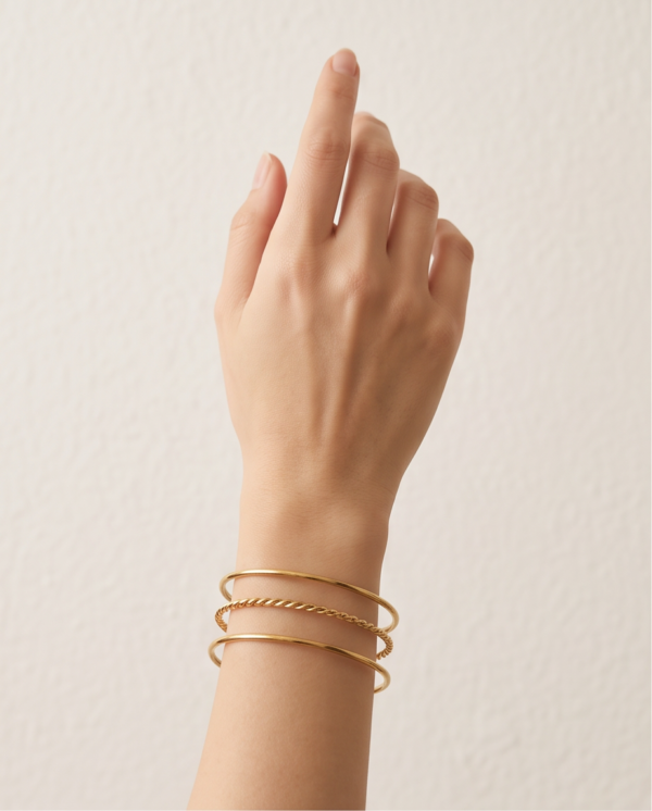 Thin Stacking Cuff Bracelet Set (3 Pieces) — Gold-Tone Stainless Steel, Open Bangles