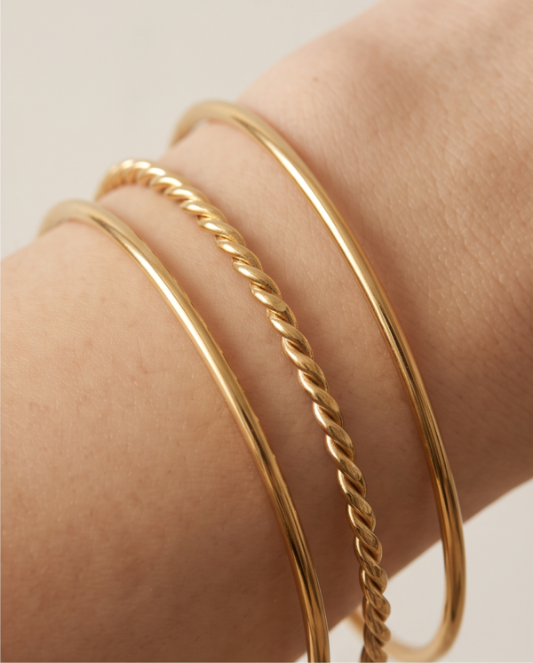Thin Stacking Cuff Bracelet Set (3 Pieces) — Gold-Tone Stainless Steel, Open Bangles