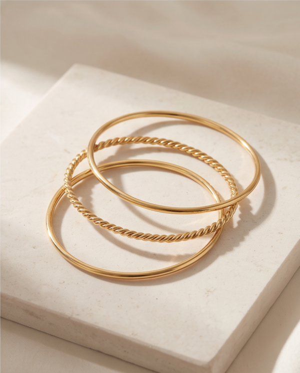 Thin Stacking Cuff Bracelet Set (3 Pieces) — Gold-Tone Stainless Steel, Open Bangles