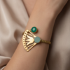 Green Stone Lotus Fan Bypass Cuff Bracelet — Antique Copper Tone, Adjustable