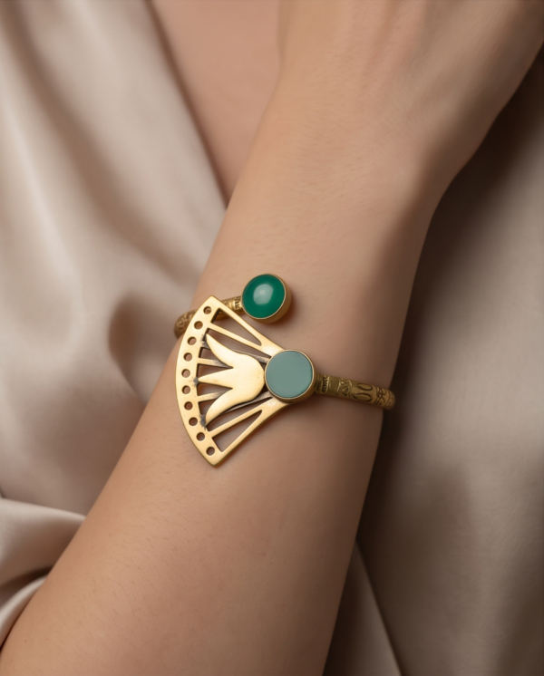 Green Stone Lotus Fan Bypass Cuff Bracelet — Antique Copper Tone, Adjustable