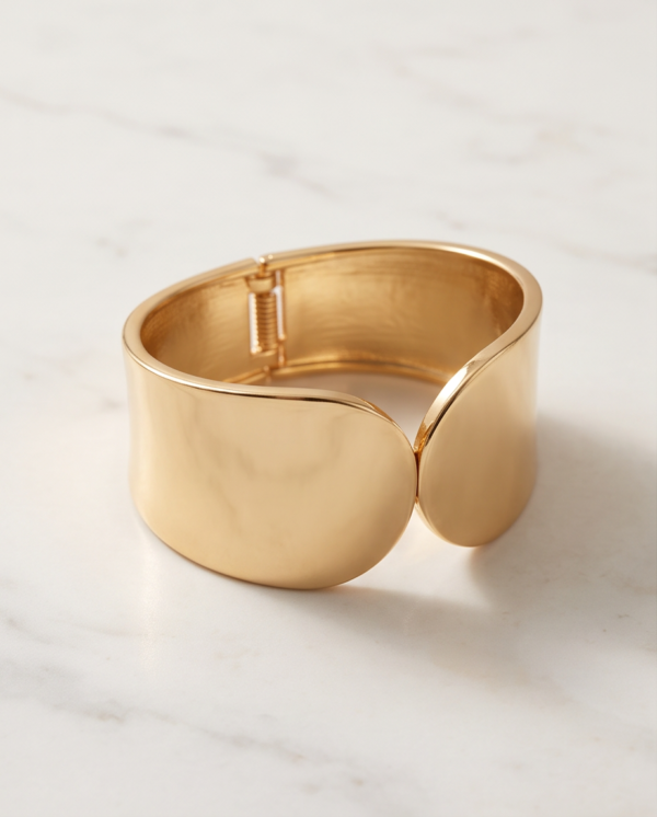 Wide Polished Hinged Cuff Bracelet — Gold-Tone Stainless Steel, Minimalist