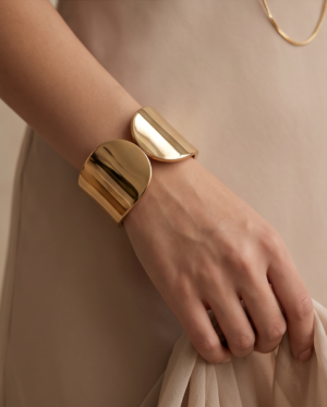 Wide Polished Hinged Cuff Bracelet — Gold-Tone Stainless Steel, Minimalist