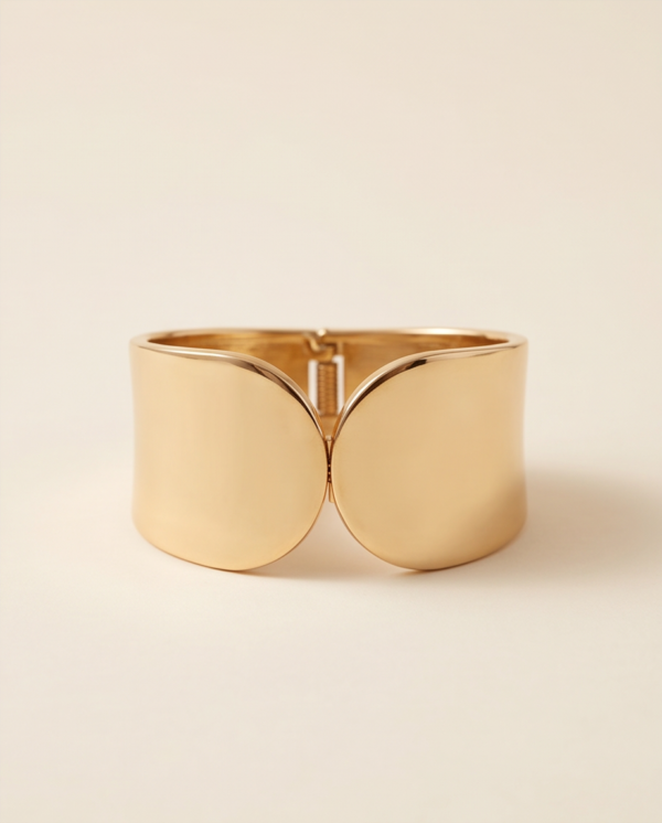 Wide Polished Hinged Cuff Bracelet — Gold-Tone Stainless Steel, Minimalist
