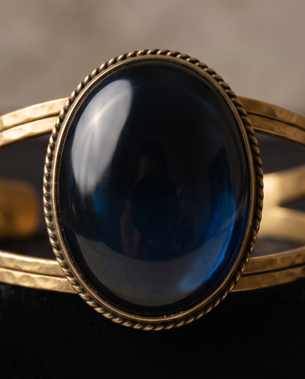 Blue Oval Stone Split-Band Cuff Bracelet — Antique Copper Tone, Adjustable