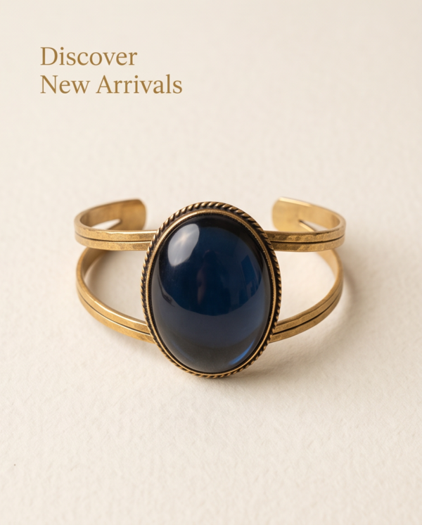Blue Oval Stone Split-Band Cuff Bracelet — Antique Copper Tone, Adjustable
