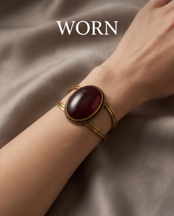 Red Oval Stone Split-Band Cuff Bracelet — Antique Copper Tone, Adjustable
