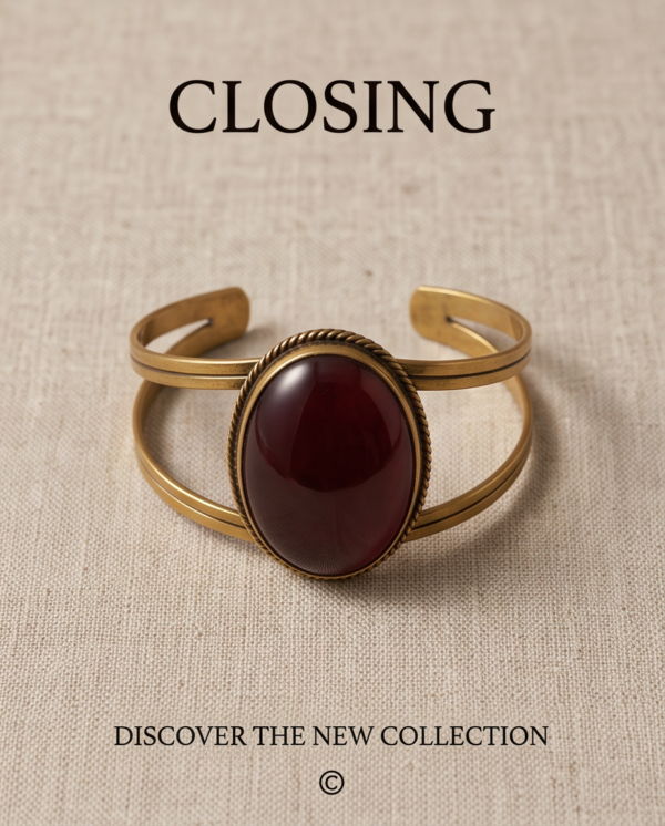 Red Oval Stone Split-Band Cuff Bracelet — Antique Copper Tone, Adjustable