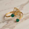 Green Stone Lotus Fan Bypass Cuff Bracelet — Antique Copper Tone, Adjustable