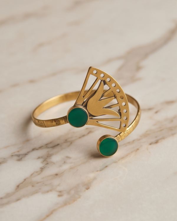 Green Stone Lotus Fan Bypass Cuff Bracelet — Antique Copper Tone, Adjustable