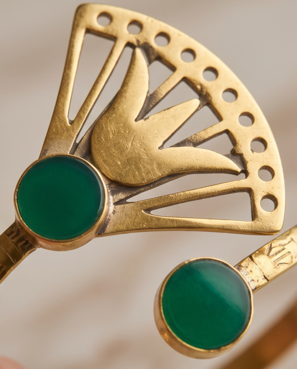 Green Stone Lotus Fan Bypass Cuff Bracelet — Antique Copper Tone, Adjustable