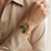 Green Stone Lotus Fan Bypass Cuff Bracelet — Antique Copper Tone, Adjustable