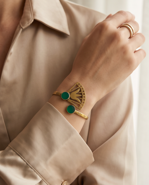 Green Stone Lotus Fan Bypass Cuff Bracelet — Antique Copper Tone, Adjustable