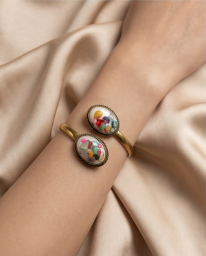Multicolour Inlay Stone Bypass Cuff Bracelet — Antique Copper Tone, Adjustable