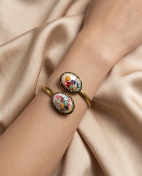 Multicolour Inlay Stone Bypass Cuff Bracelet — Antique Copper Tone, Adjustable