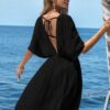 Deep V Kimono Beach Cover-Up Dress — Black Crinkle Cotton, Open Back