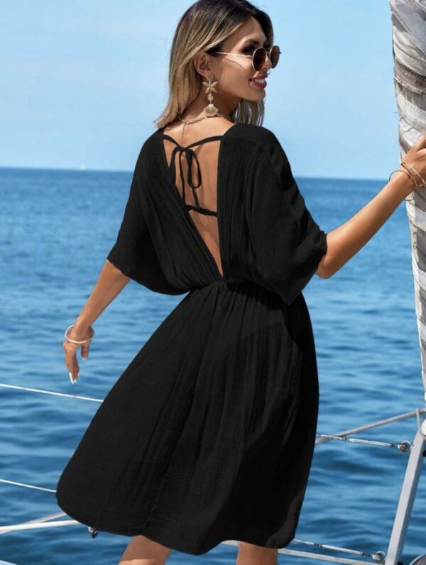 Deep V Kimono Beach Cover-Up Dress — Black Crinkle Cotton, Open Back