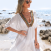 Embroidered Trim Beach Cover-Up Dress — White Chiffon with Aztec Detail