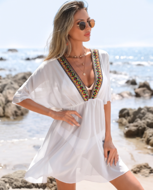 Embroidered Trim Beach Cover-Up Dress — White Chiffon with Aztec Detail
