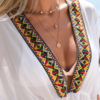 Embroidered Trim Beach Cover-Up Dress — White Chiffon with Aztec Detail