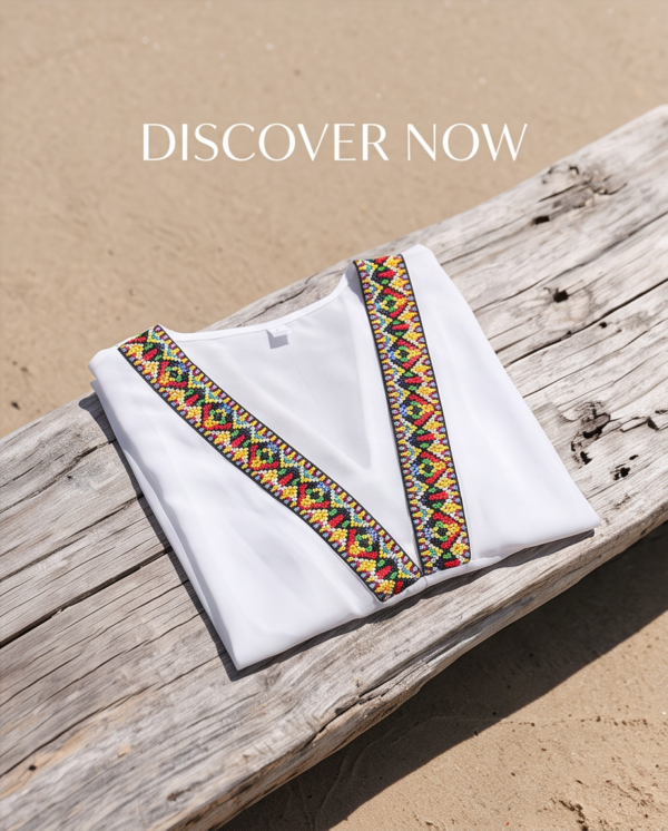 Embroidered Trim Beach Cover-Up Dress — White Chiffon with Aztec Detail