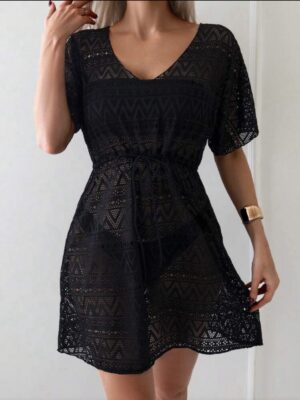 Crochet Lace Beach Cover-Up Dress — Black, Drawstring Waist
