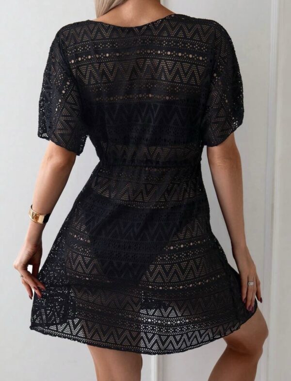 Crochet Lace Beach Cover-Up Dress — Black, Drawstring Waist